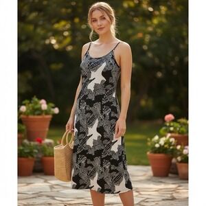 Ellos Maxi‎ Dress Womens 5X Black Abstract Smocked Back V Neck Adjustable Strap